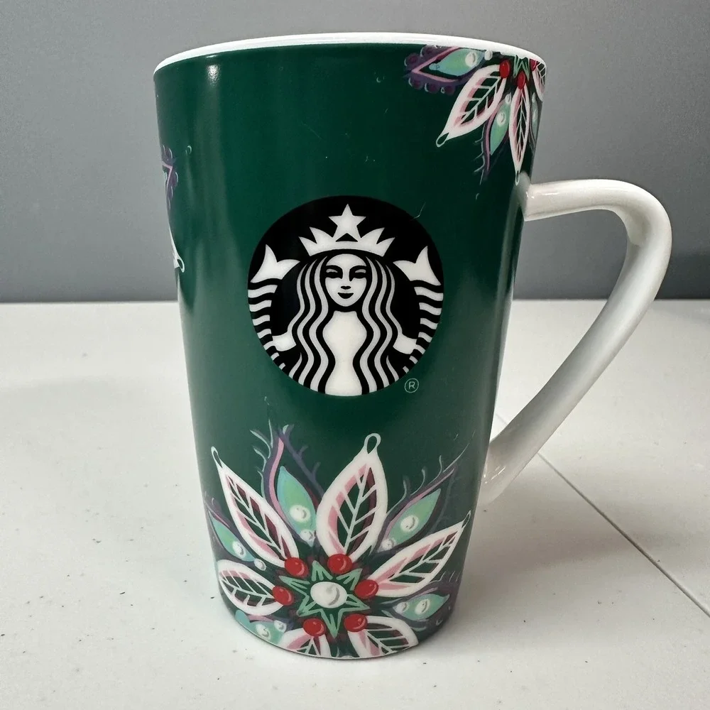 Starbucks 2020 Dark Green Siren Logo Tropical Flowers Coffee Mug Tea Cup 12oz